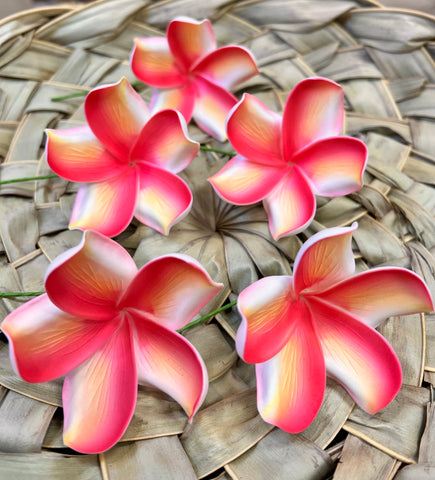 2.5" Cup Bloom Plumeria with Stem - Bright Red/Yellow Ombre - Medium