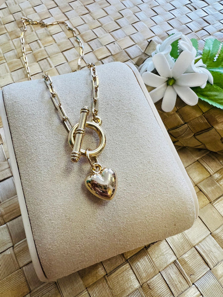Puff Heart Gold Filled Toggle Necklace - 18"